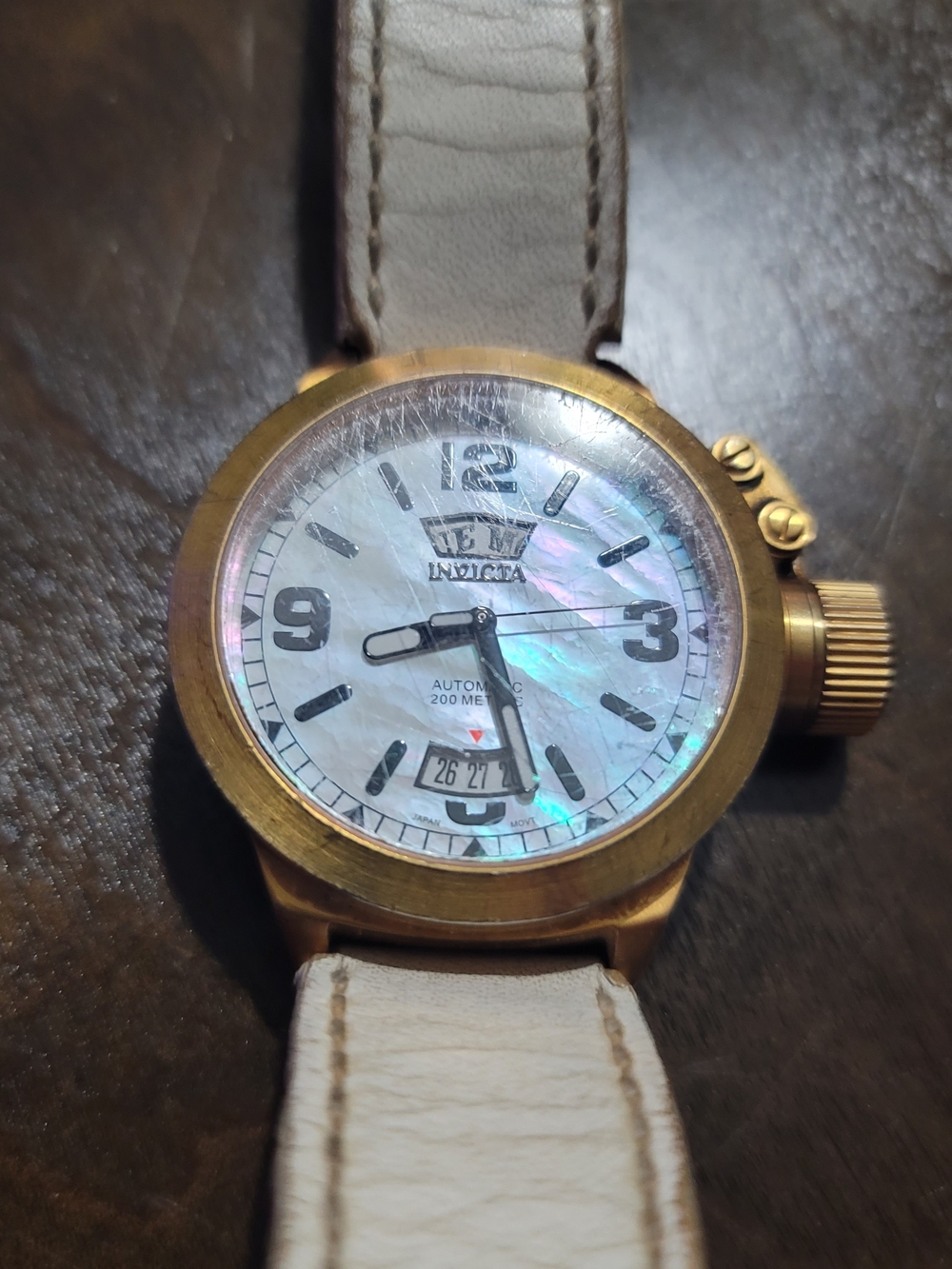 Invicta Bronze Case White Mother-of-Pearl Dial Leather Watch